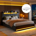 Voodi, 160 &times; 200 cm, LED-tulede ja USB/C-portidega, h&uuml;draulilise hoiustamisega, madratsiga, must, PU.