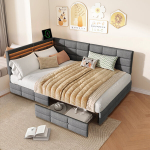 Voodi, 140 x 200 cm, tumehall, linane kangas, L-kujuline peats, 2 sahtlit, LED-ga, USB-ga
