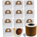 Asendusosa tolmuimeja Karcher WD2, WD3 jaoks &ndash; Komplekt 10 tolmukotti ja filter, Tugevdatud v&otilde;rk, 2-kihiline paber