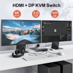 TV vastuv&otilde;tja Alxum Displayport Hdmi Kvm l&uuml;liti 2 arvuti ja 2 monitori jagamiseks, 4k@60hz, kahe monitori jagamine, Usb 3.0 pordid klaviatuuri, hiire, mikrofoni ja k&otilde;rvaklappide jaoks, 2 Usb B kaablit, Dc 5v toiteplokk