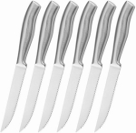 Steak-nugade komplekt, 6 t&uuml;kki, roostevaba teras, eriti terav tera, sakiline l&otilde;ige, n&otilde;udepesumasinas pestav, 12 cm, ideaalne liha ja steikide jaoks