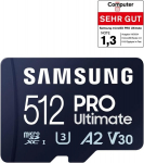 Samsung Pro Ultimate Microsd-kaart + Sd-adapter, 512 Gb, nutitelefonidele, droonidele ja tegevuskaameratele, Uhs-i U3, 200 Mb/s lugemiskiirus, 130 Mb/s kirjutamiskiirus, Mb-my512sa/ww