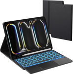 Roofei klaviatuurikohver ipad pro 11 tolli (m4) 2024 jaoks - 7 v&auml;rvi valgustus, puuteplaadiga tahvelarvuti &uuml;mbris pliiatsi hoidjaga - valgustusega saksa qwertz klaviatuur 11-tollisele ipad pro (m4) 2024, must