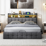 Voodi 160&times;200 CM, LED-valgus ja USB-liides, peatsiga panipaik, hall, linane kangas