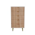 Valge kummut sooneliste puidumustriliste esipaneelidega, 5 sahtlit, modernne skandinaavia stiil