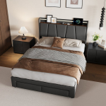 Kaheinimesevoodi, 140x200 cm, kahe sahtliga, LED-valgustuse ja USB-laadimisega, hall, linane