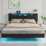 Kaheinimesevoodi 160 x 200 cm, polsterdatud voodi LED-valgustuse, USB-pordi ja panipaigaga, k&otilde;rgusega reguleeritava peatsiga, must PU-kangas, madrats ei kuulu komplekti