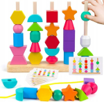 Puidust Montessori pusle puurimiseks m&otilde;eldud helmestega, Medinė Montessori dėlionė su karoliukais vėrimui