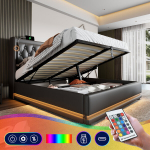 Polsterdatud voodi 160x200 cm, must PU, h&uuml;drauliline, USB C, LED, ilma madratsita