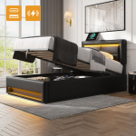 Polsterdatud voodi 90x200 cm, USB ja LED-valgustiga, panipaigaga, ilma madratsita, PU lit&scaron;i muster, must