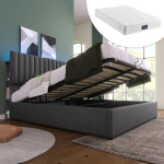 Polsterdatud voodi 140x200 cm, LED, USB-C, h&uuml;drauliline, hall, madratsiga