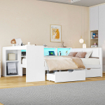 Puidust platvormiga voodi 140x200 cm, sahtlid, LED, sisseehitatud laadimisjaam, valge peatsipea