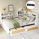 Puidust voodi 140x200 cm, sahtliga, multifunktsionaalne, USB laadimisega, valge