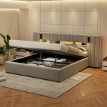 Polsterdatud voodi 180x200 cm, USB, LED, sahtlid, liistudest raam, hall, ilma madratsita