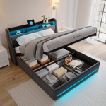 Voodi 140x200cm h&uuml;draulilise hoiuruumiga - LED ja USB - linane - hall