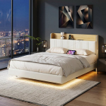 Ujuv Voodiraam 140x190 cm Laudaraamiga Ja RGB LED, PU Pehme Peatoa Riiluga, Valge V&auml;rv