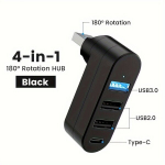 4-porti USB 3.0 ja 2.0 jaotur p&ouml;&ouml;ratava &uuml;hendusega, suure kiirusega andmeedastuse adapter, &uuml;hildub USB Type-C lauaarvutitega., Juoda
