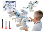 Interaktiivne valge robotdinosaurusega, millel on tuled ja helid.