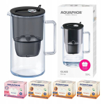 Aquaphor Glass 2,5L klaasist filterkann + 4 Maxfor (1Mg+3 H) filtrit, must