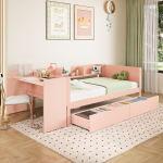 Puidust voodi laua ja sahtlitega, 90x200cm, m&auml;nd+plaat, roosa, 1 tk