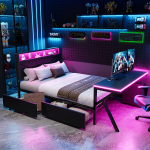 Metallvoodi LED-valga, 140x200 cm, laud, 2 sahtlit