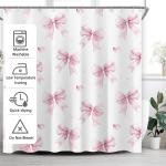 Veekindel du&scaron;ikardin valge roosade lipsudega 180x180 cm vannituppa &mdash; vanni kardin, vannitoa tekstiilid, coquette sisekujundus, pol&uuml;esterkardin, du&scaron;itarvikud, roosa vannitoasisustus, kardin konksudega