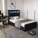 Voodi LED-ga, 90&times;200 cm, laste voodi h&uuml;draulilise hoiuruumiga, USB-laadimispistikuga, must, PU