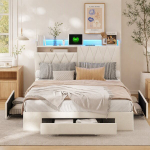 Voodi 160x200 cm &ndash; 3 sahtlit &ndash; LED ja USB &ndash; Polsterdatud ja panipaigaga peats &ndash; Samet &ndash; Beež