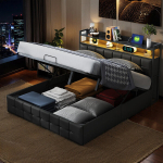 Voodi panipaigaga, LED, USB, 160x200 cm, PU, ​must