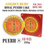 Golden Buds Royal Puerh Cake (Ripe, Shu) 13.Y.O., 2013, Kuldne pung Kuninglik Pu-erh tee pressitud kook, 250g