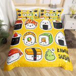 Homemissing Armas sushi voodipesukomplekt 140 x 200 cm jaapani stiilis t&uuml;drukutele multifilmi sushi jaapani tekikott hingav ruuduline kollane tekikott toadekoratsioon