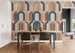 Rasch tapeet 363920 - fototapeet fliiselmaterjalil geomeetrilise kaare mustriga sinine, beež ja punane v&auml;rv Magicwalls kollektsioonist - 3.00 m x 2.65 m (p x L)
