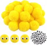 30 tk. suured kollased pom-pomid n&auml;put&ouml;&ouml;ks, 6 cm, kleepuvate silmadega