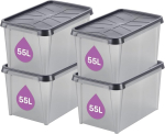 Smartstore hoiukast kaanega 55 l, veekindel plastik - 4 tk komplekt - matt - pesastatav ja &uuml;ksteise peale virnastatav - toidule ohutu ja Bpa-vaba - Ip44 - pikkus 60 x laius 40 x k&otilde;rgus 35 cm