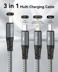 Usb c kuni multi laadimiskaabel, [1.2 m] laadimiskaabel, 3-in-1 kiirlaadimiskaabel, iphone usb c kaabel ip micro usb type c lightning kaabliga, universaalne laadimiskaabel iphone 16 15 14, ipad pro jaoks
