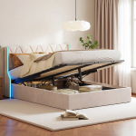 Loggia 140x200 cm kaheinimesevoodi, liistudest voodip&otilde;hi, peatsiplaat, LED-valgustus, samet, beež