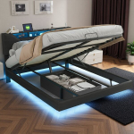 H&uuml;drauliline voodi 160 &times; 200 cm, LED-valgustuse ja USB-&uuml;hendusega, ujuvvoodi, PU materjal, must