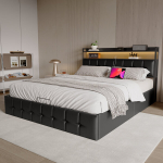 Kaheinimesevoodi 140 x 200 cm, polsterdatud voodi LED-valgustusega, USB Type-C-pordi ja panipaigaga teismelistele ja t&auml;iskasvanutele, must PU, ilma madratsita