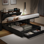 Voodi 140x190 cm - LED ja USB - panipaigaga - linane - tumehall