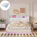 Voodi 160 &times; 200 cm madratsiga, LED-valgustuse ja USB-laadimisega, h&uuml;draulilise t&otilde;stemehhanismiga, valge, flanell