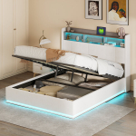 Voodi 140x200cm h&uuml;draulilise hoiustamisfunktsiooniga - LED ja USB-ga - samet - valge