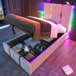 Polsterdatud voodi 90x200 cm USB-C, LED, rakenduse juhtimine, puitraam, linane kangas, ilma madratsita, beež