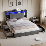 Kaheinimesevoodi 140x200 cm, 4 sahtliga, LED ja USB, panipaigaga peatsipea, linane, hall