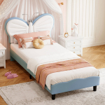 Lastevoodi LED-valgustusega, liblikakujulise reguleeritava peatsiga, sametist ja kunstnahast, 90x190cm, sinine, ilma madratsita