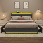 Polsterdatud kaheinimesevoodi 180&times;200 cm LED-valgustuse, 4 sahtli ja USB-laadimisega &ndash; linane voodi peatsiga, tumehall