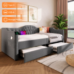 Polsterdatud diivanvoodi 90x190 cm USB-C ja 2 sahtliga, hall linane, ilma madratsita