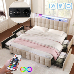 Polsterdatud voodi 180x200 cm, LED, USB, 4 sahtlit, h&uuml;drauliline, puidust liistud, ilma madratsita