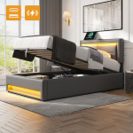 Pehme voodi 90x200 cm LED-valgustiga, USB-ga ja hoiukastiga, hall kunstnahk, ilma madratsita, 1 tk