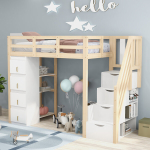Hochbett 90x200 cm, sahtlid, riiulid, t&auml;ispuit, m&auml;nd, valge