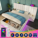 Polsterdatud kaheinimesevoodi 160x200 cm rakendusega LED, USB-C, PU, valge, ilma madratsita